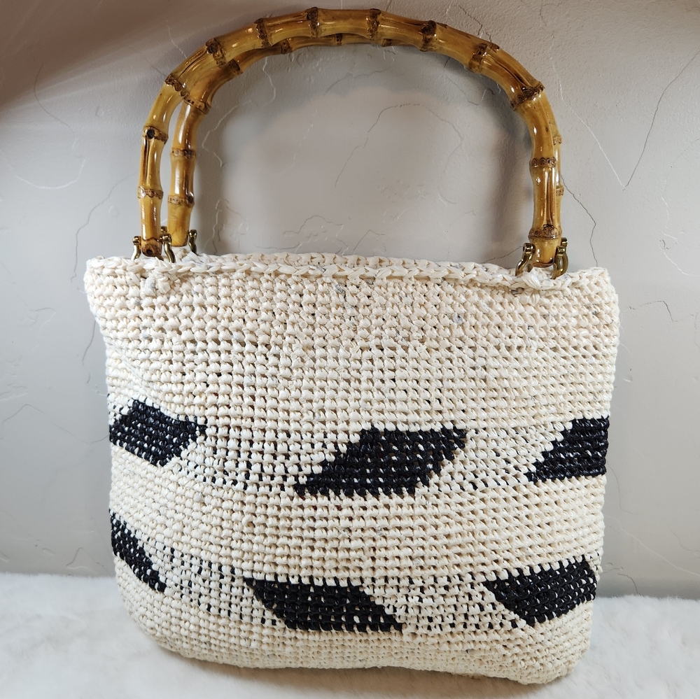 Tote It Straw Woven Tote Bag | NWT | Bamboo Handle Black Leaf Pattern Purse - Picture 3 of 7